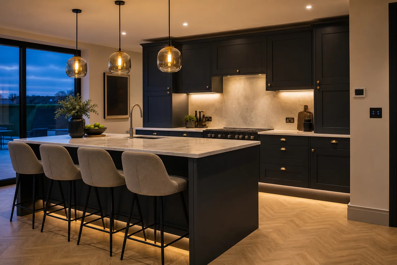 Modern kitchen with professionally installed feature and under-cabinet lighting